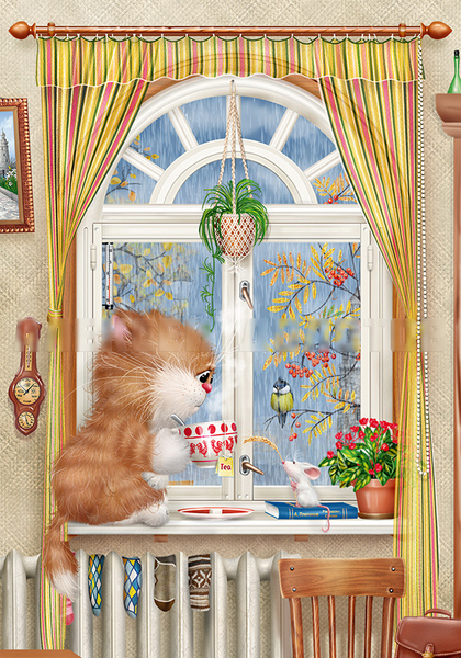 Котик на окне - купить почтовую открытку