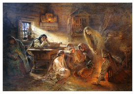 Святочные гадания (1890-е). Константин Маковский. Почтовая открытка