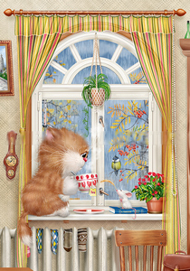 Котик на окне. Почтовая открытка