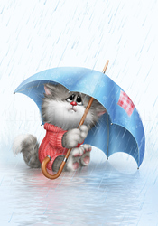Котик под зонтом. Почтовая открытка