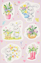 Зайцы с цветами, 6 бумажных лакированных наклеек