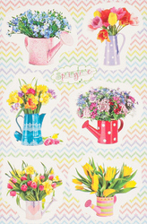 Лейки и цветы, 6 бумажных лакированных наклеек