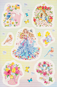 Девушка, цветы и птички, 7 бумажных лакированных наклеек