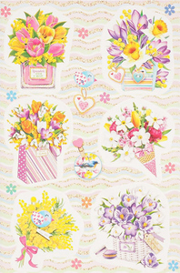 Букеты цветов на волнистом фоне, 6 бумажных лакированных наклеек