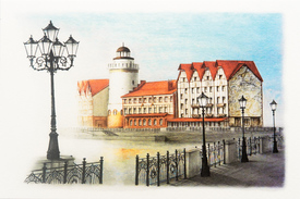 Рыбная деревня и башня Маяк. Калининград. Почтовая открытка