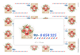 Место под ID с цветочным конвертом (RU-), 16 наклеек для посткроссинга на матовой бумаге