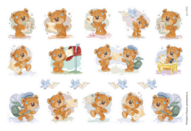 Почтовые мишки Тедди, 18 декоративных наклеек с глянцевой ламинацией